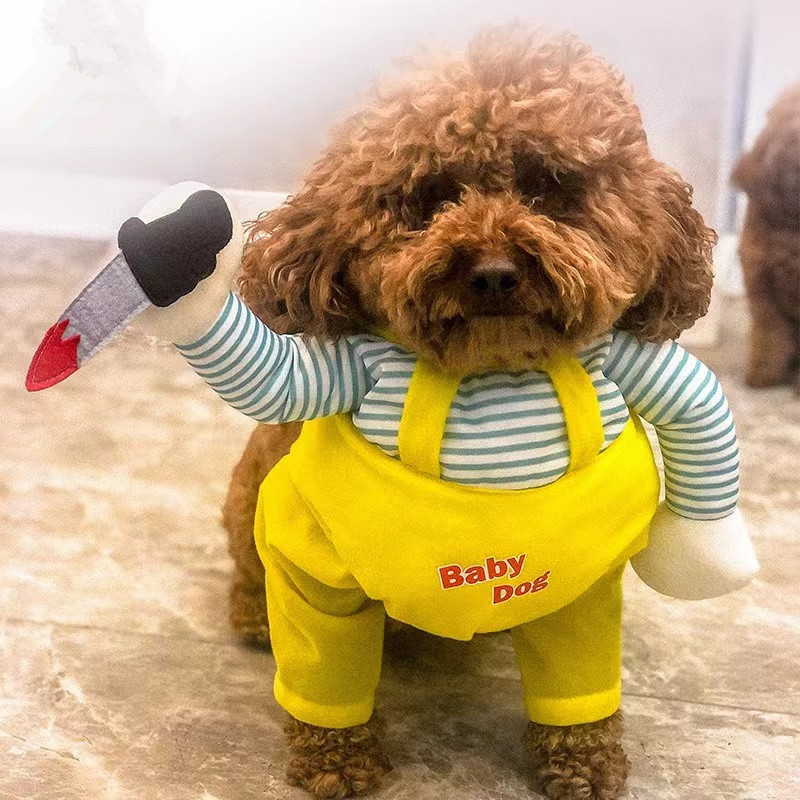 Killer Doll Style Dog Costume Striped Shirt with Overalls and Knife Accessory